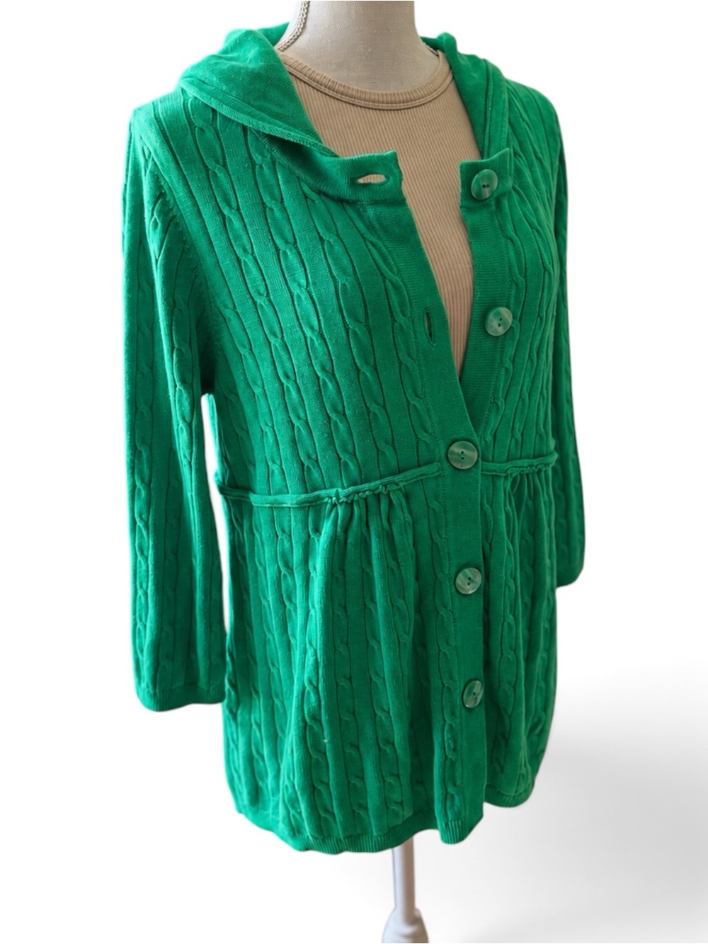 LOFT XL Kelly Green Cable Knit Hooded Cardigan Sweater